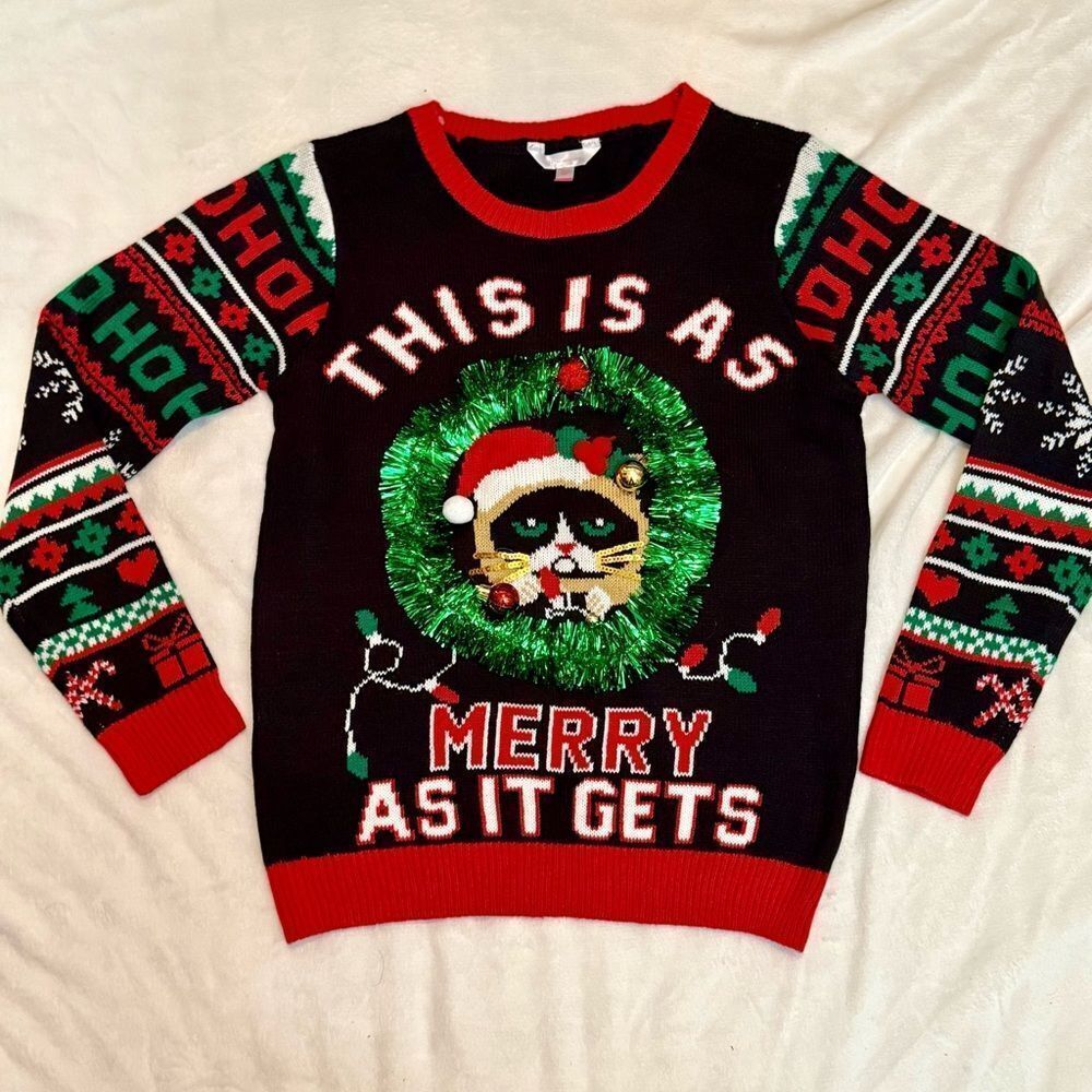 NWOT No Boundaries No|Bo Grumpy Cat Ugly Christmas Sweater - Real Bells & Tinsel
